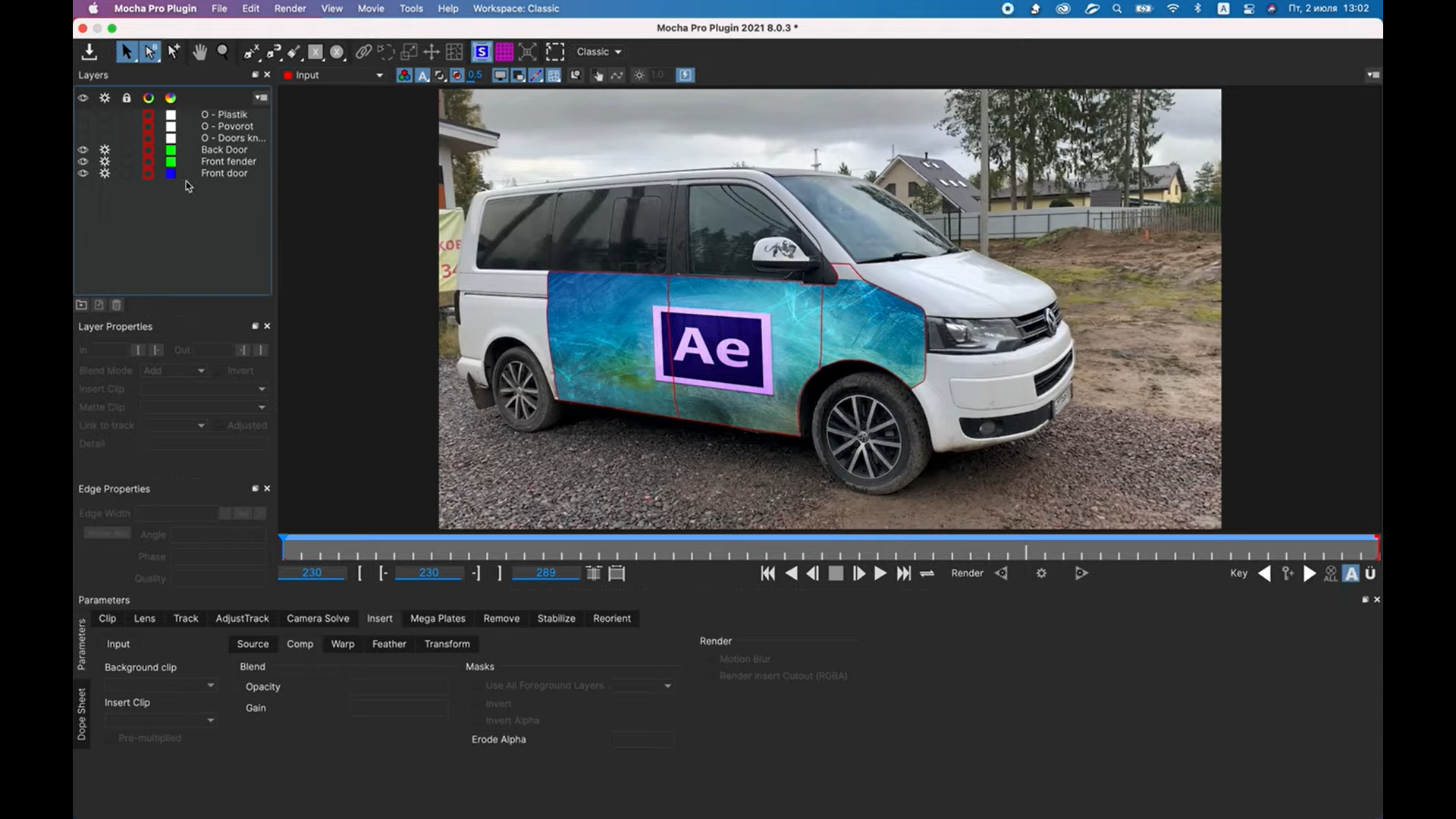 28 работа. Наложение изображения с логотипом After Effects на двери и переднее крыло автомобиля
