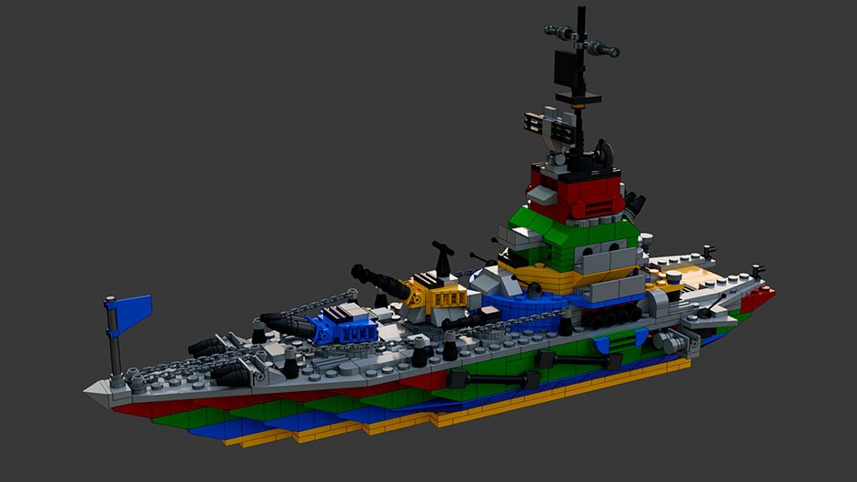 Сборка большого корабля линкора из комплекта "Боевой корабль" в Blender 3D, состоящего из 816 базовых элементов